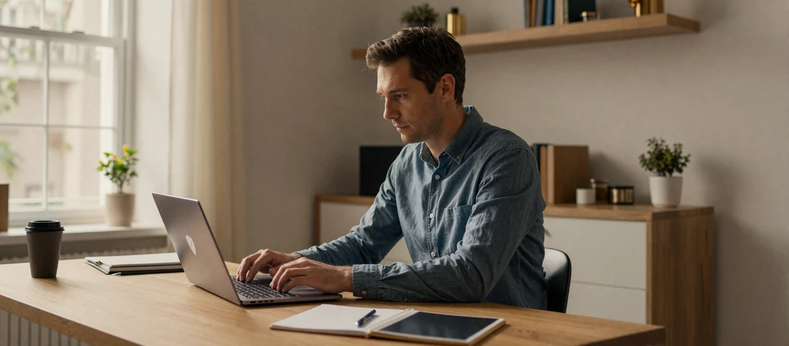 Man safely browsing an international dating site from his home office, representing secure online dating practices in 2026