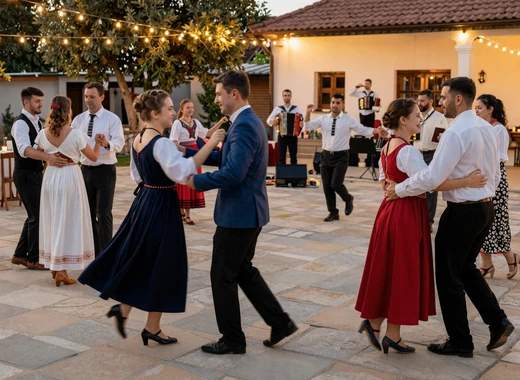 Guests dancing the traditional kolo circle dance at a Balkan wedding reception