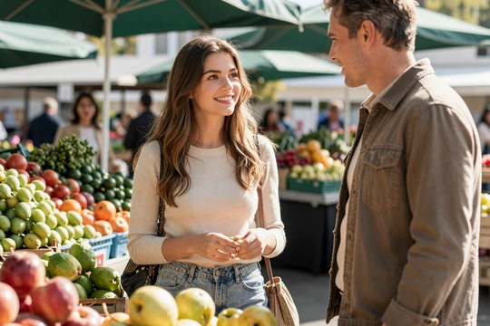 Balkan woman and American husband exploring a local farmers market together during cultural adjustment
