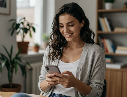 Genuine Balkan woman using her phone for online dating in a warm European apartment setting