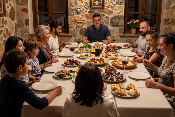 Traditional Albanian family dinner table with Mediterranean dishes representing Albanian family values and hospitality