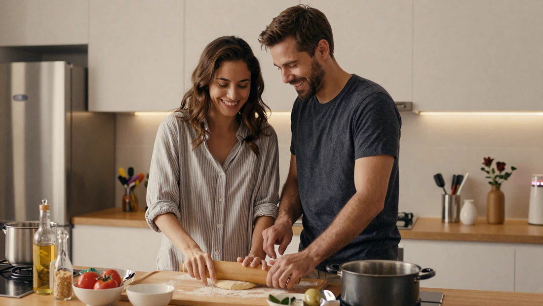 American man and Balkan woman cooking traditional dishes together in a warm modern kitchen
