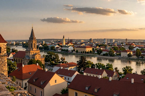 Belgrade cityscape at sunset from Kalemegdan fortress, where the Sava and Danube rivers meet - a romantic Serbian landmark