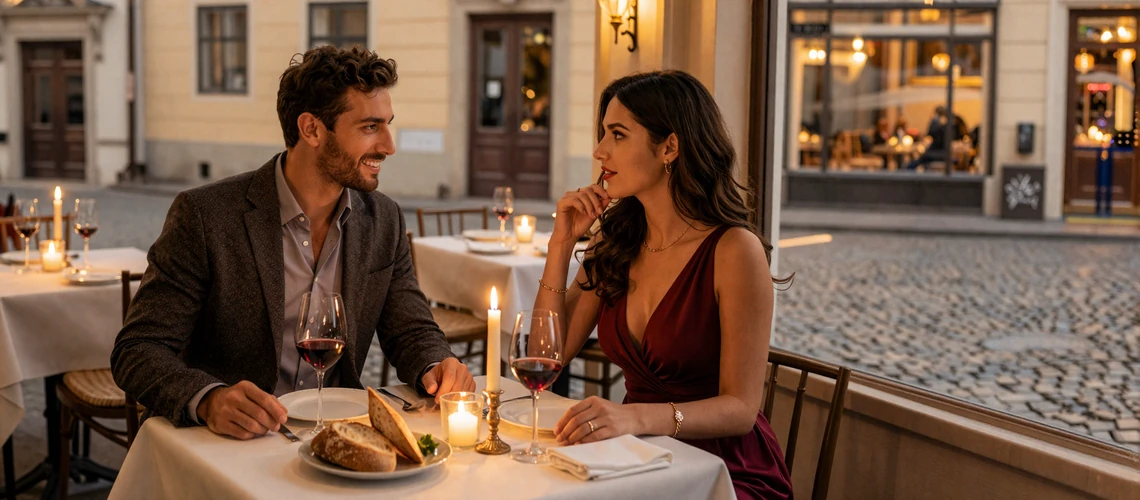 American man and Balkan woman enjoying a romantic first date at a European restaurant