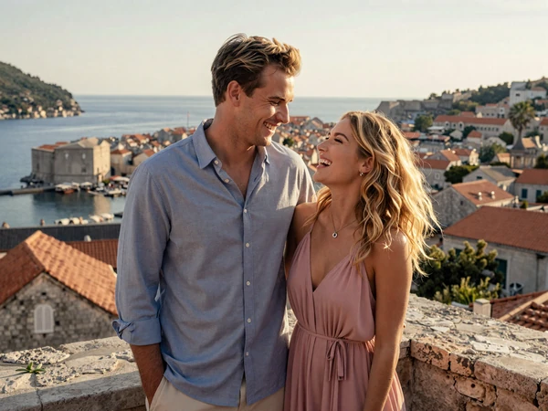 David and Ivana, an American-Croatian couple, laughing together on a Dubrovnik terrace with Adriatic views