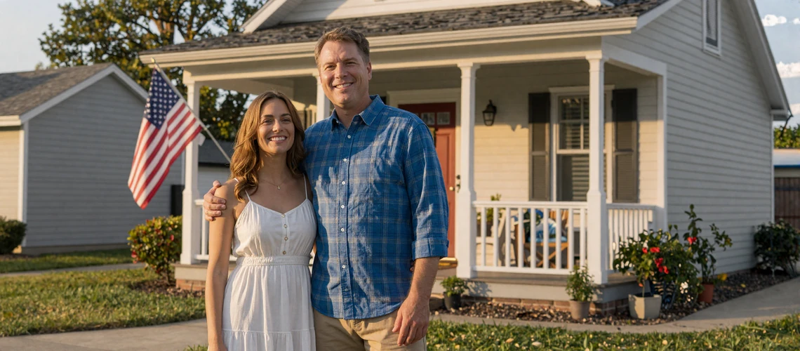 American man and his Balkan fiancée standing together in front of their new home in the USA