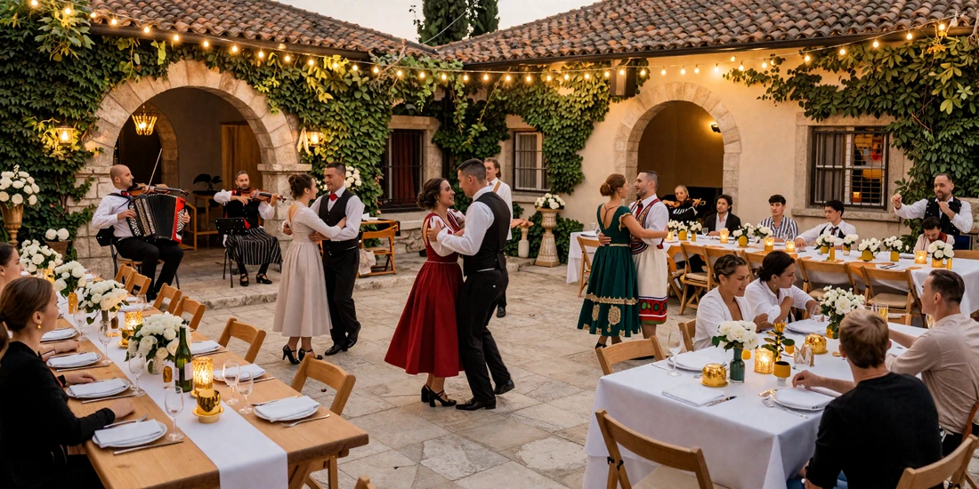 Festive Balkan wedding celebration with traditional music and dancing under string lights
