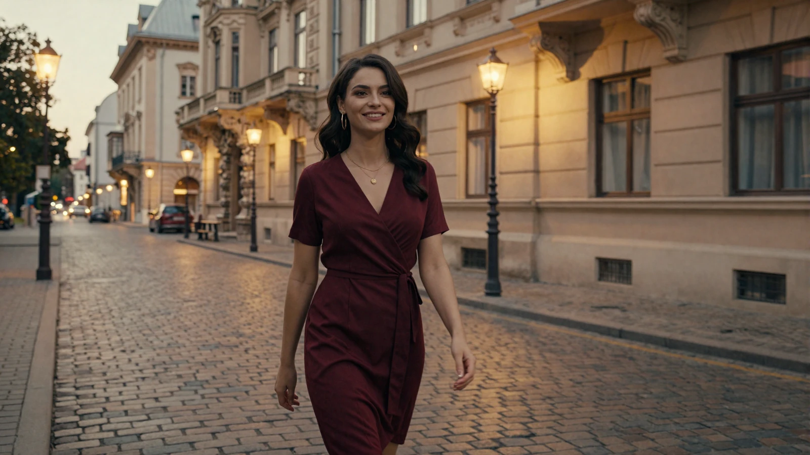 Elegant Serbian woman on a Belgrade cobblestone street at golden hour, representing genuine Serbian singles seeking love
