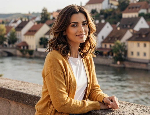 A young Balkan woman enjoying an afternoon in a European riverside town, reflecting the warmth of Balkan dating culture
