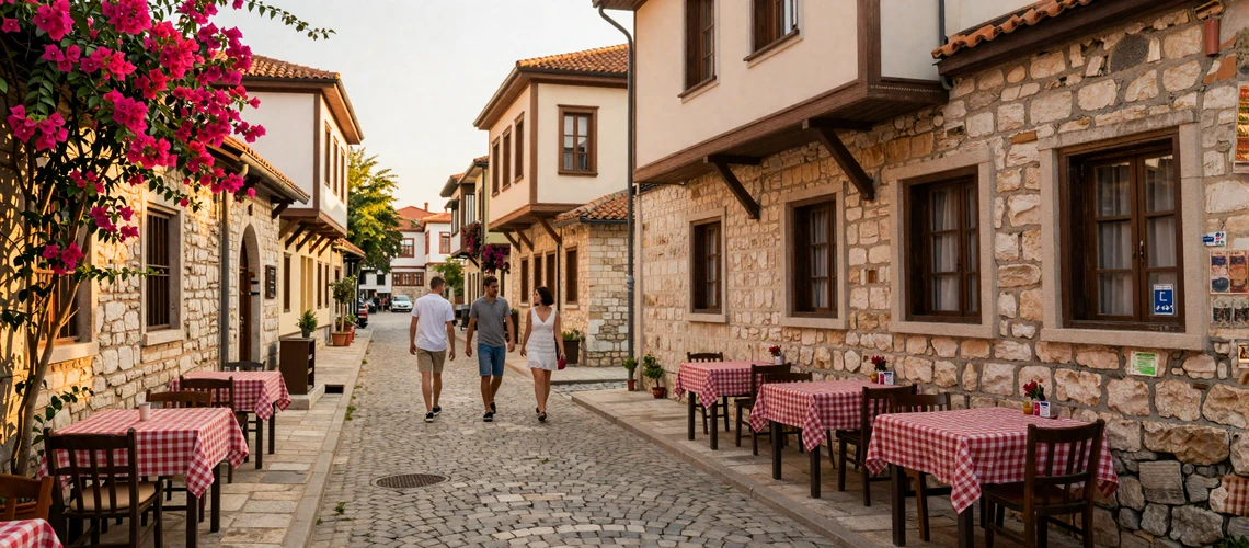 Romantic Balkan old town street with outdoor cafés and warm golden light, representing the charm of Balkan dating culture