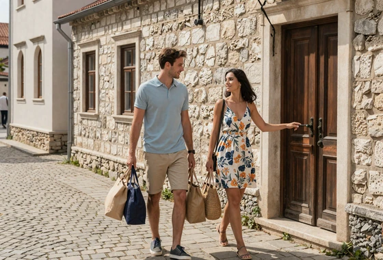 Couple walking on a sunlit European cobblestone street demonstrating traditional Balkan chivalry