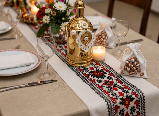 Traditional Balkan wedding table setting with ornate gold decorations and rakija glasses