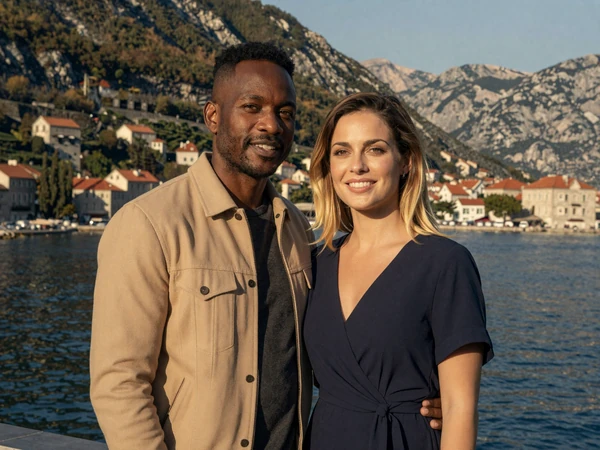 Marcus and Jelena, an American-Montenegrin couple, standing together at Kotor Bay with mountains in the background