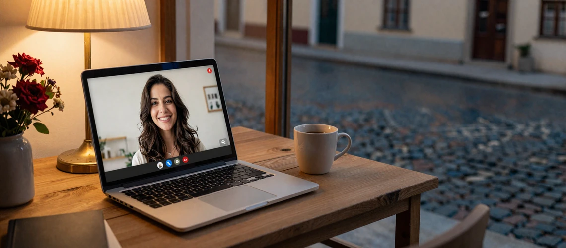 Video call setup for a long-distance relationship with a Balkan woman, laptop on desk with warm evening lighting