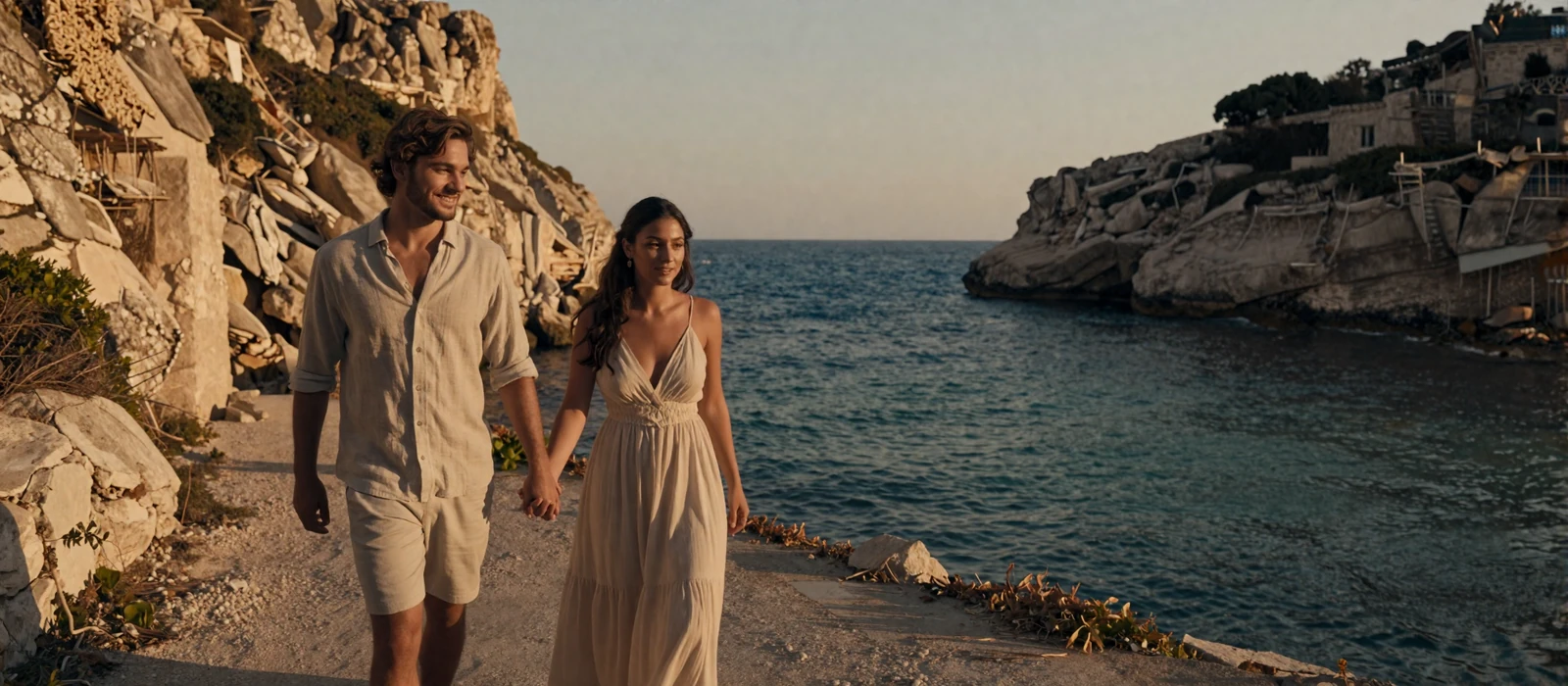 Happy couple walking along the Adriatic coastline at golden hour representing real Balkan dating success stories