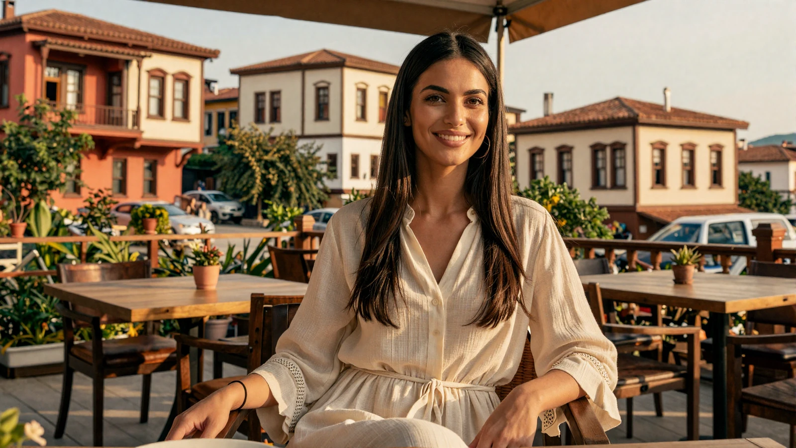 Beautiful Albanian woman enjoying coffee at an outdoor café in Tirana, representing genuine Albanian singles seeking love