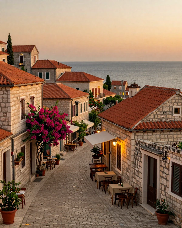 Charming Balkan coastal town at golden hour representing the cultural warmth of our platform