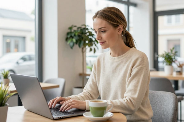 Slovenian woman browsing online at a modern Ljubljana café, representing digital dating culture in Slovenia