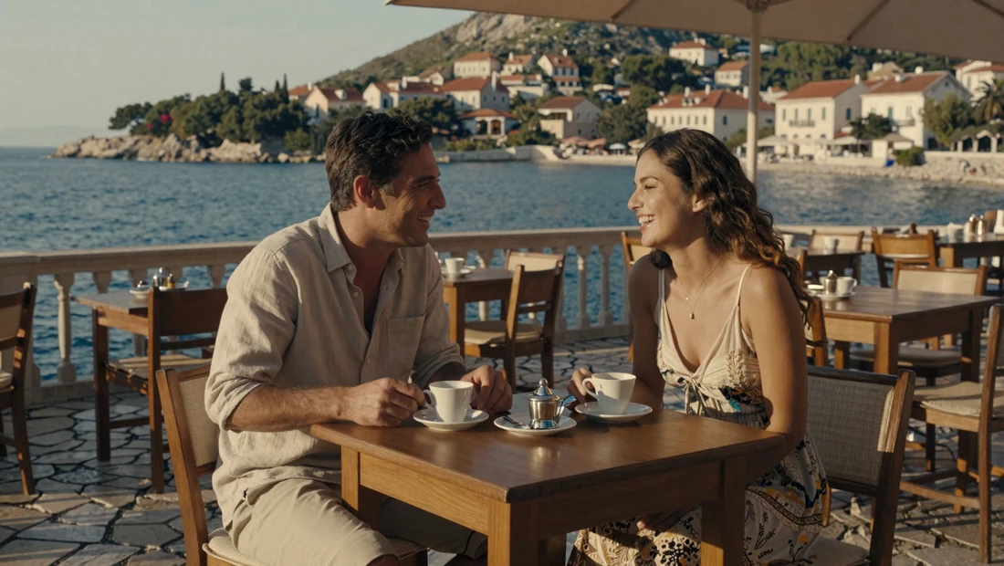 American man and Balkan woman enjoying a romantic coffee date at a coastal European café