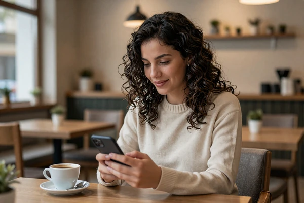 Bosnian woman browsing her phone at a cozy Sarajevo café, representing online dating in Bosnia and Herzegovina