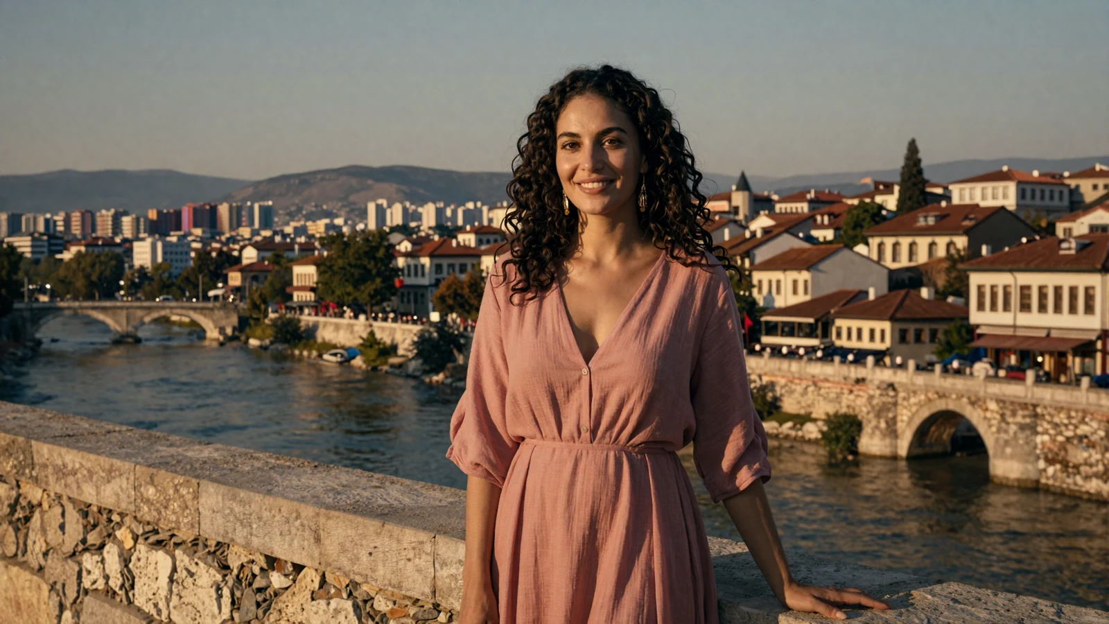 Beautiful Macedonian woman on the Stone Bridge in Skopje at golden hour, representing genuine Macedonian singles seeking love