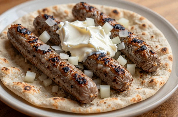 Freshly grilled Balkan ćevapi served on warm flatbread with onions and kajmak cream