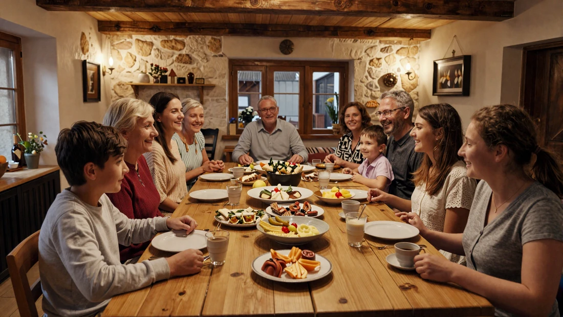 A warm Balkan family gathering around a traditional dining table with homemade food and genuine smiles