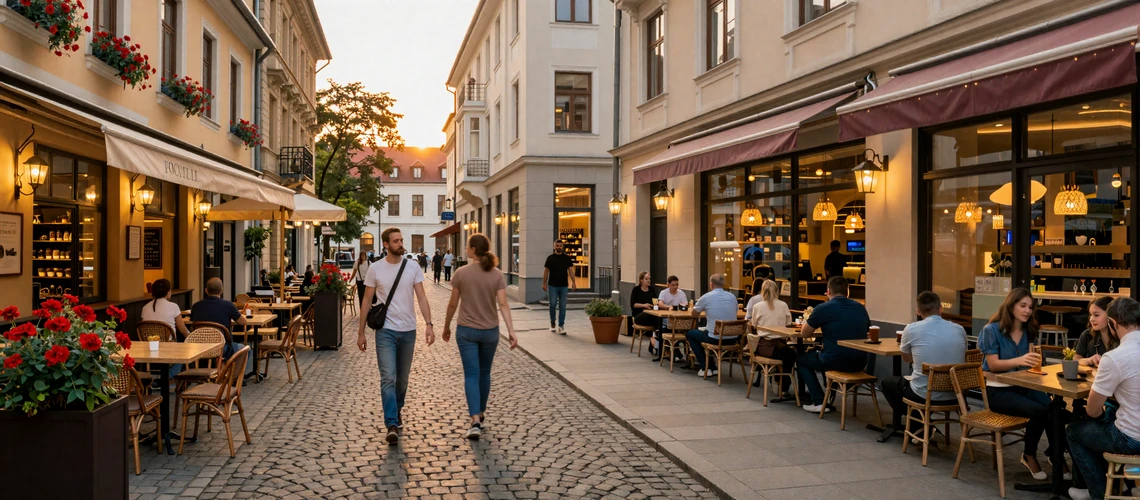 Side-by-side view of a Balkan European café scene and a modern American coffee shop illustrating dating culture contrasts