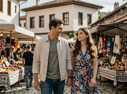 Couple walking through a charming Balkan old town market on a date