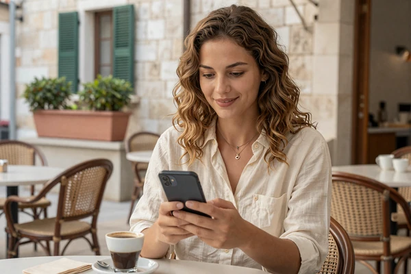 Croatian woman browsing her phone at a Mediterranean café terrace, representing online dating trends in Croatia