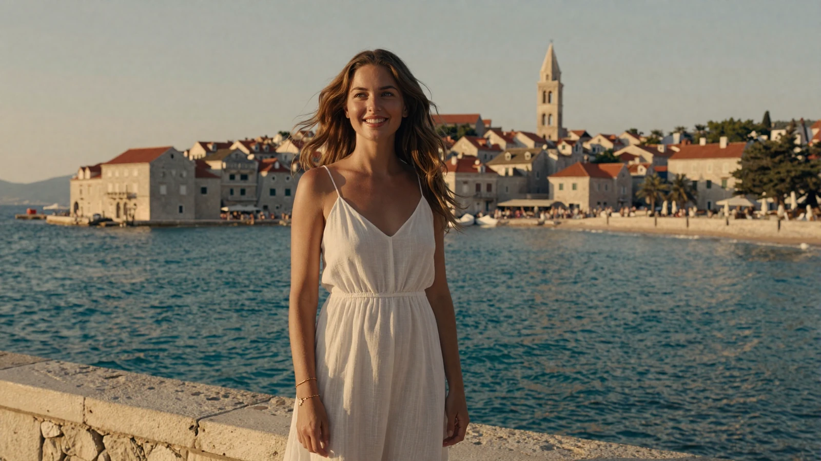 Croatian woman on an Adriatic coast promenade at sunset, representing genuine Croatian singles seeking meaningful relationships