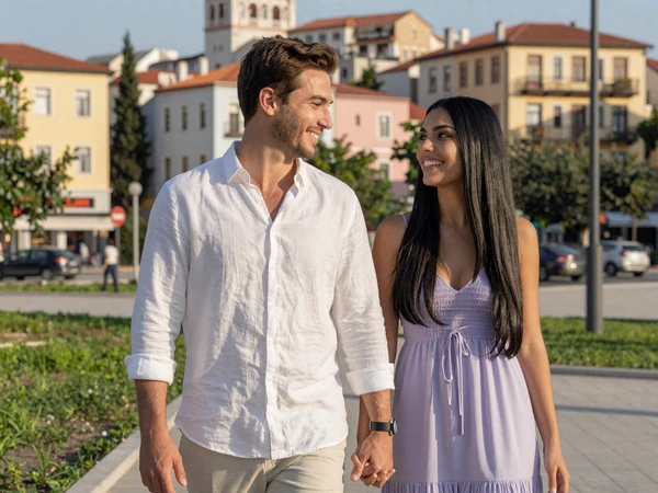 Ryan and Drita, an American-Albanian couple, walking hand in hand through a colorful Tirana park